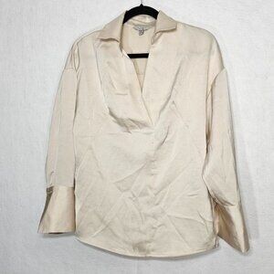 Adroit Atelier Cream Satin Collared Long Cuffed Sleeve Pullover Blouse XS